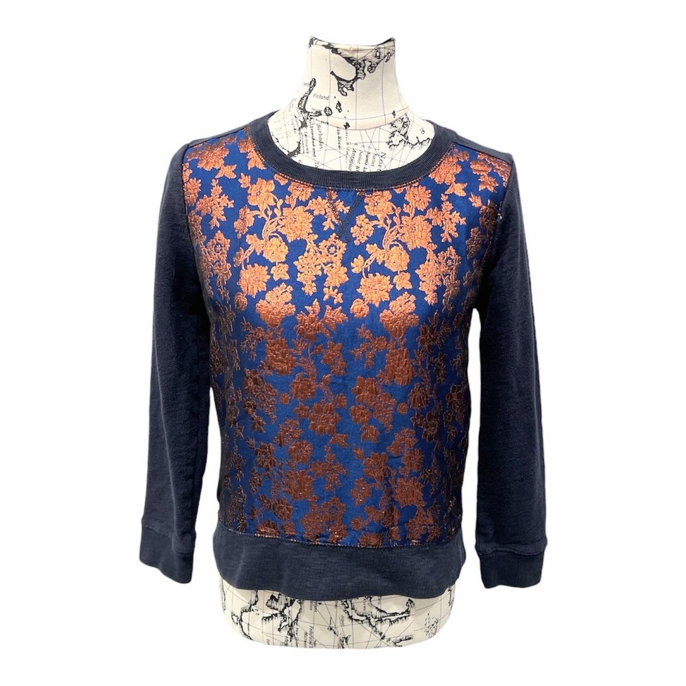 J Crew Blue and Bronze Metallic Patterned Sweater Navy Small Women